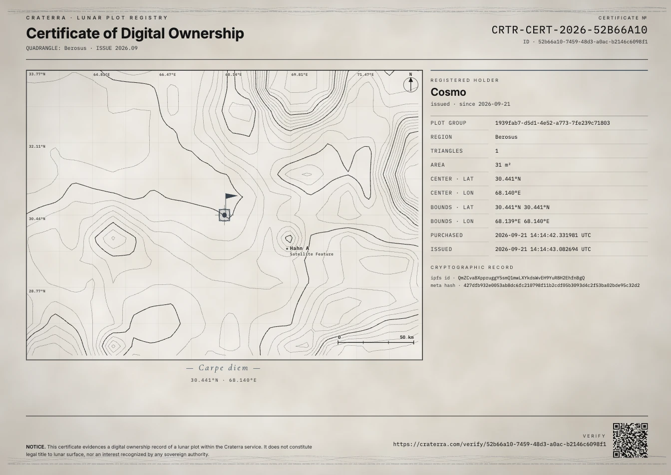 Full Craterra digital ownership certificate with a lunar contour map, plot details, cryptographic record, and verification QR code