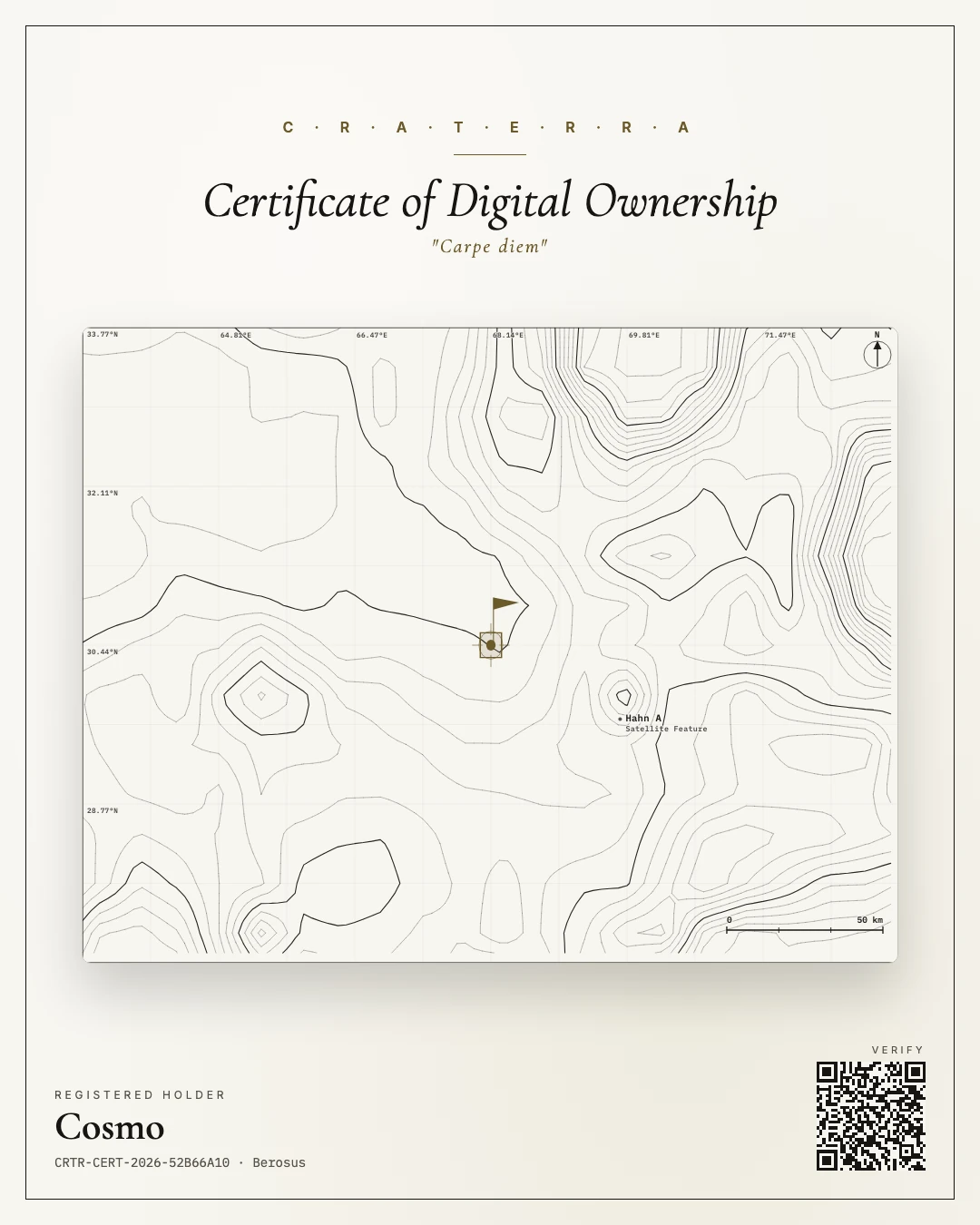 Mobile-format Craterra digital ownership certificate with a lunar contour map, registered holder, and verification QR code