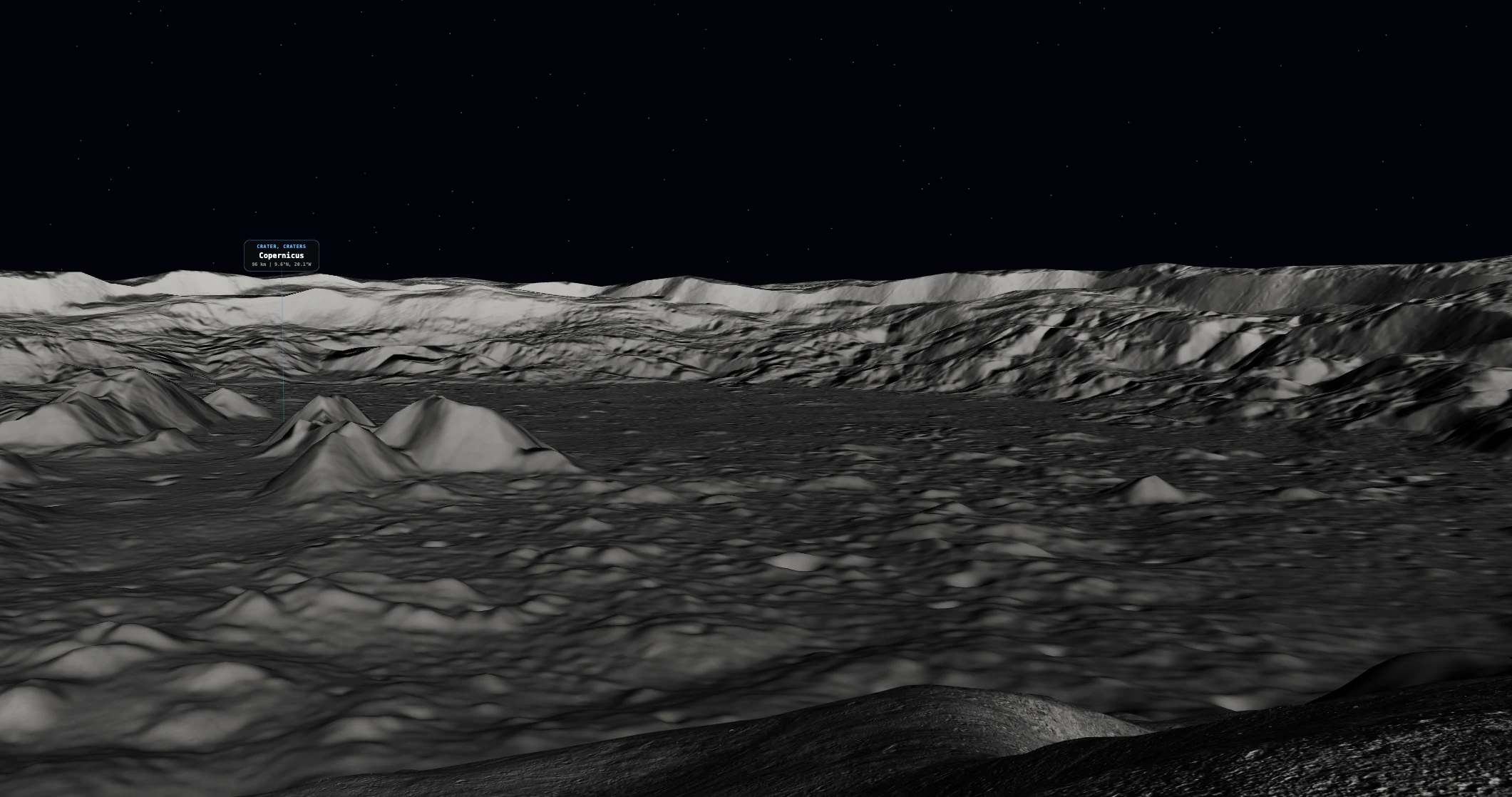 3D view of Copernicus crater in Craterra at 9.6° N, 20.1° W