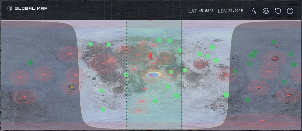 Craterra Global Map showing daylight, the lunar terminator, solar zone, landmark rings, plot markers, Sun, Earth, and camera position