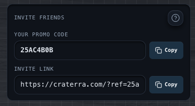 Invite Friends card with promo code and referral link in Craterra profile