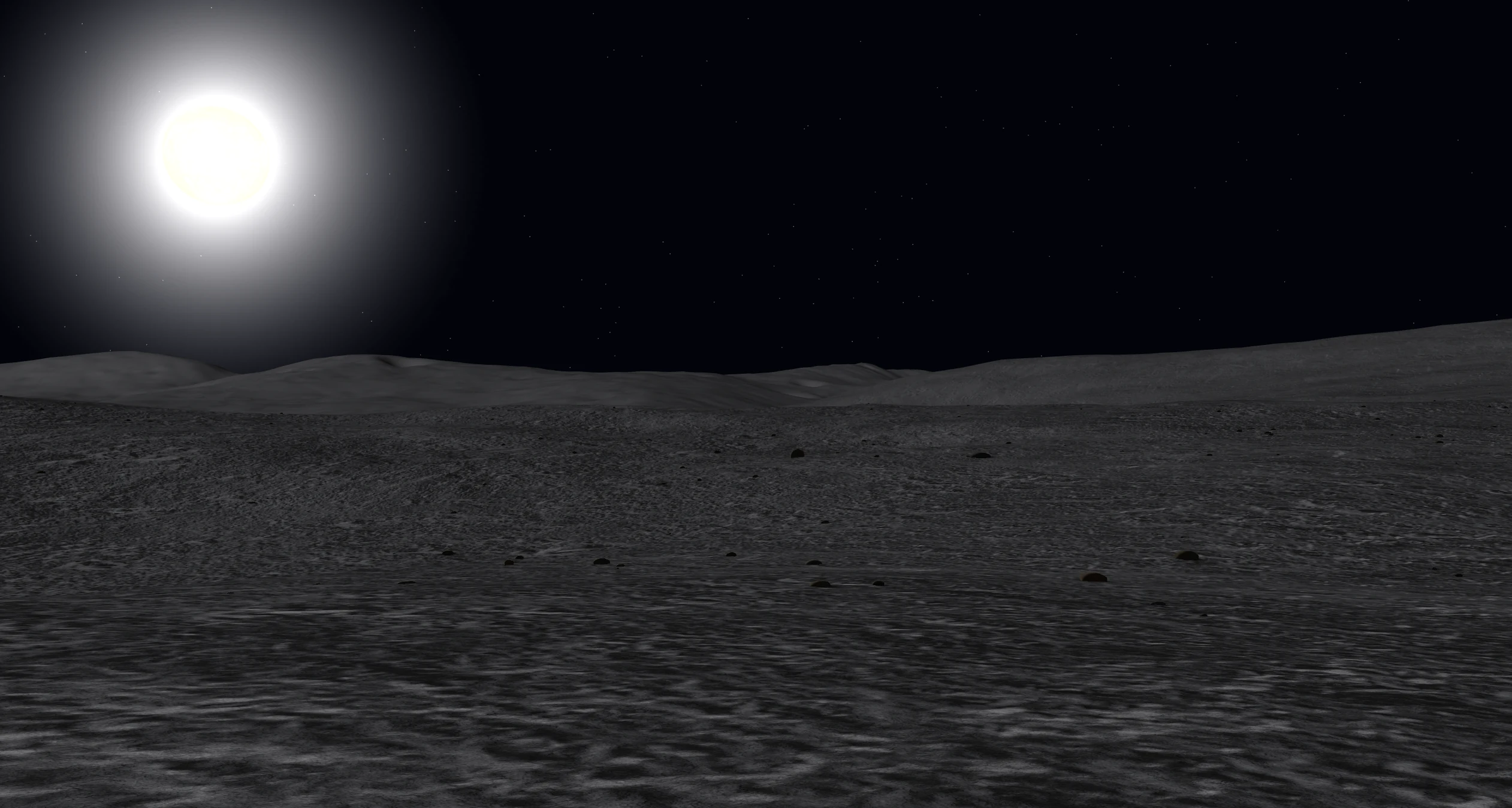 Rendered lunar terrain and sunlight in the Craterra 3D scene